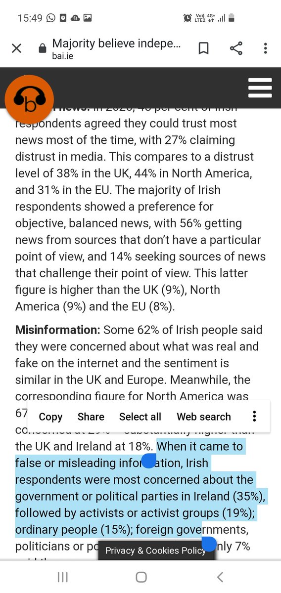 Less than a majority, 48% of Irish respondents said they believed they could trust "most of the news, most of the time", with 27% distrusting the media.A majority of Irish respondents want "objective and balanced news". http://www.bai.ie/en/download/135006/9/