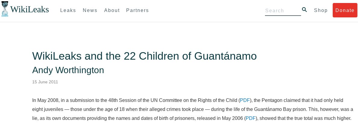 WikiLeaks and the 22 Children of Guantánamo 

10 years on read about the 22 children held at #gitmo and exposed by the #gitmofiles #Guantanamo 

Link: wikileaks.org/WikiLeaks-and-…