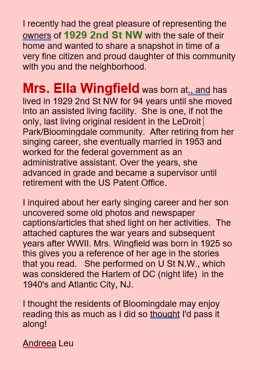 see this message about long-time #BloomingdaleDC resident Ella Wingfield 🎶 

Snapshot in Time of Ella Wingfield - 1929 2nd Street NW