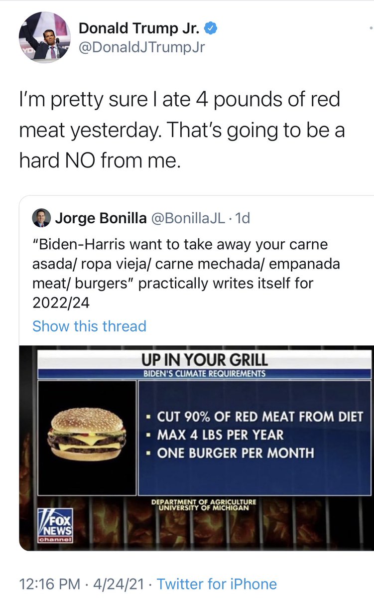 This stuff is completely imaginary. Biden has not proposed any limit on Americans’ meat consumption.What happened: 1) The Daily Mail ran an article that dishonestly connected Biden’s climate plan with a not-at-all-about-Biden study. 2) Others on the right just ran with this.