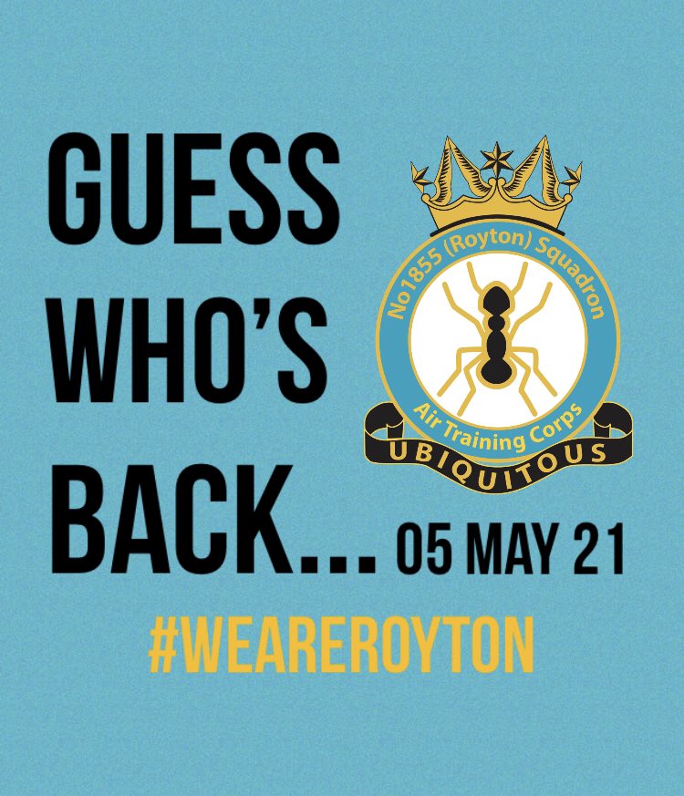 Face to face activity starts again in just 10 days time! 🐜🐜🐜
New programme, new staff, new safety measures, same aim: deliver the air cadet experience with good old Royton attitude. 💪🏻

#aircadets #whatwedo #WeAreRoyton #GuessWhosBack #FaceToFace #GreaterManchester #Cadets
