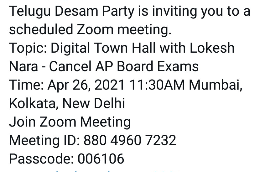 Aswadhama10's tweet photo. All ap students join with nara Lokesh garu in tomorrow meeting 🙏🙏🙏. Meeting ID and password given below 👇👇👇
#cancelapboardexams2021 
#cancelApboardexams2021
@naralokesh 
@ysjagan @AudimulapSuresh 
@JaiTDP 
@JanaSenaParty @PawanKalyan 
@ncbn https://t.co/KCMjAqxWmC