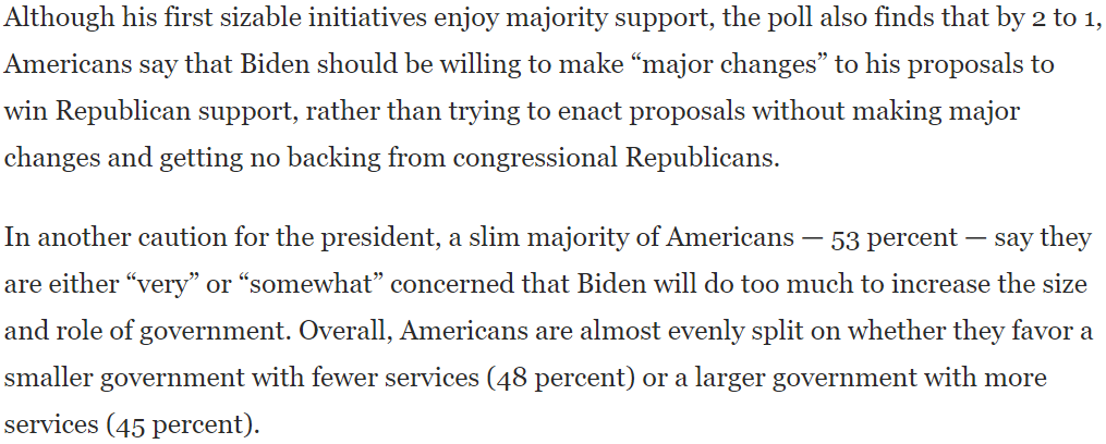 Americans love the idea of bipartisanship, but they don't actually give a damn about it. The same is true of smaller government.  https://www.washingtonpost.com/politics/2021/04/25/biden-100-days-poll/