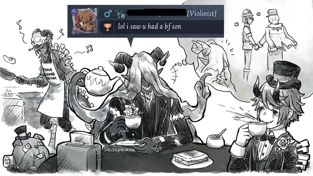 ?: who was that human boy? invite him to hell & introduce him to us next time!
?: #@&%^&%??!
?: hey, do you want sunny-side up or scrambled egg?

#IdentityVfanart
?⏳ + ?? 