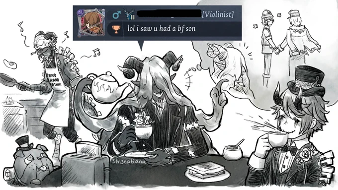 ?: who was that human boy? invite him to hell &amp; introduce him to us next time!
?: #@&amp;%^&amp;%??!
?: hey, do you want sunny-side up or scrambled egg?

#IdentityVfanart
?⏳ + ?? 
