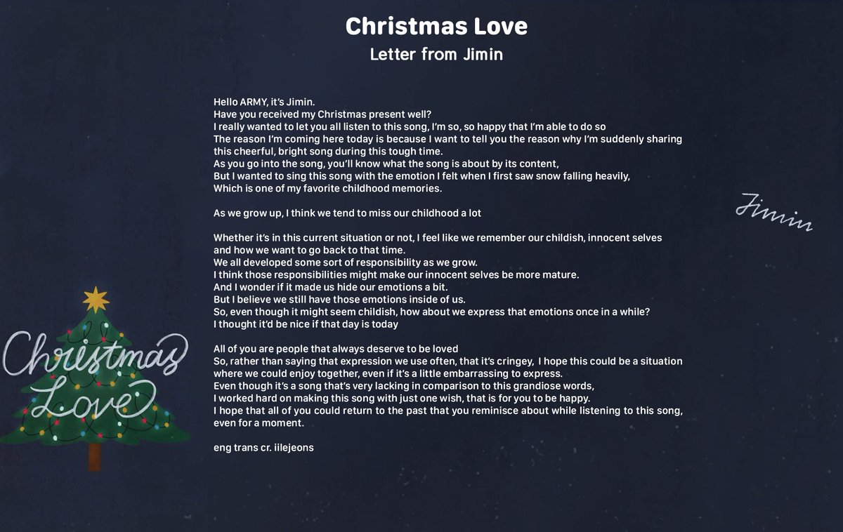 The lyrics and his words are so well matched: the merriness for Christmas, how adulting takes it away but it's okay to catch a break and be happy, giving us this dash of nostalgia.jimin's songs are captivating with their well-loved melodies, emotive and distinctive