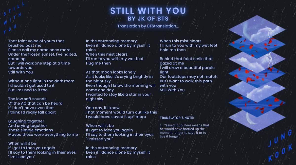 Still With You is just a caress to the soul.The melody, the lyrics, his voice, all the hardwork and layers,the meaning behind the song,the imagery,the vibe and the metaphors..the lyrics are directed to armys but it may refer to jungkook, to his past self and his current self.