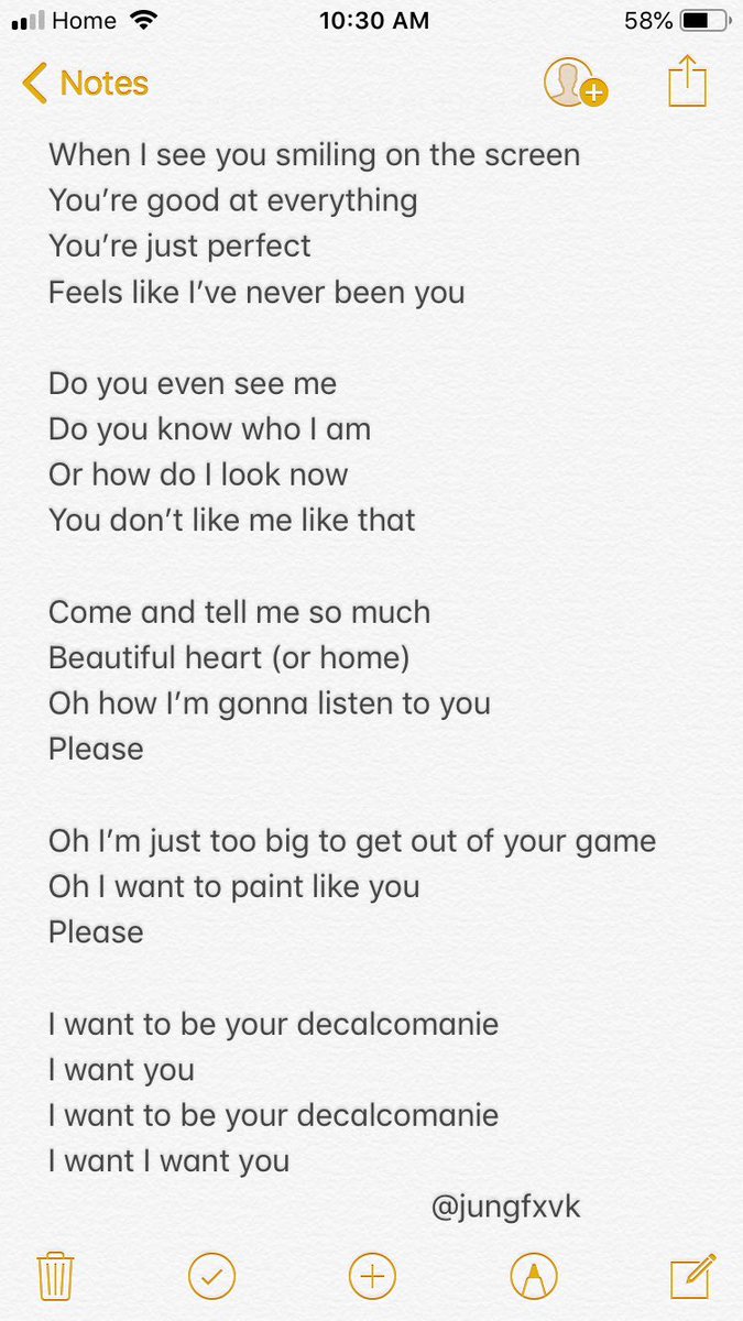 Decalcomania means two people who look alike. He wants to be on the screen so people will like him better& he's afraid that if he shows his true self people will leave, jungkook is singing about his idol Being famous has perks but it comes with so many downfalls.
