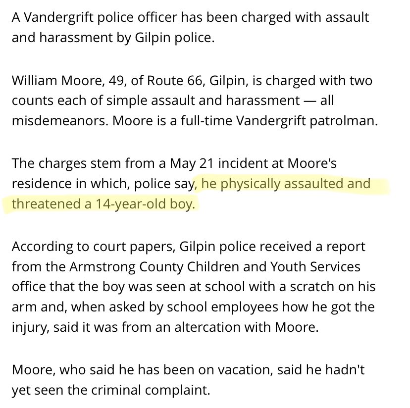 Officer William Moore was charged with assaulting and threatening a child in 2017. There were no consequences.