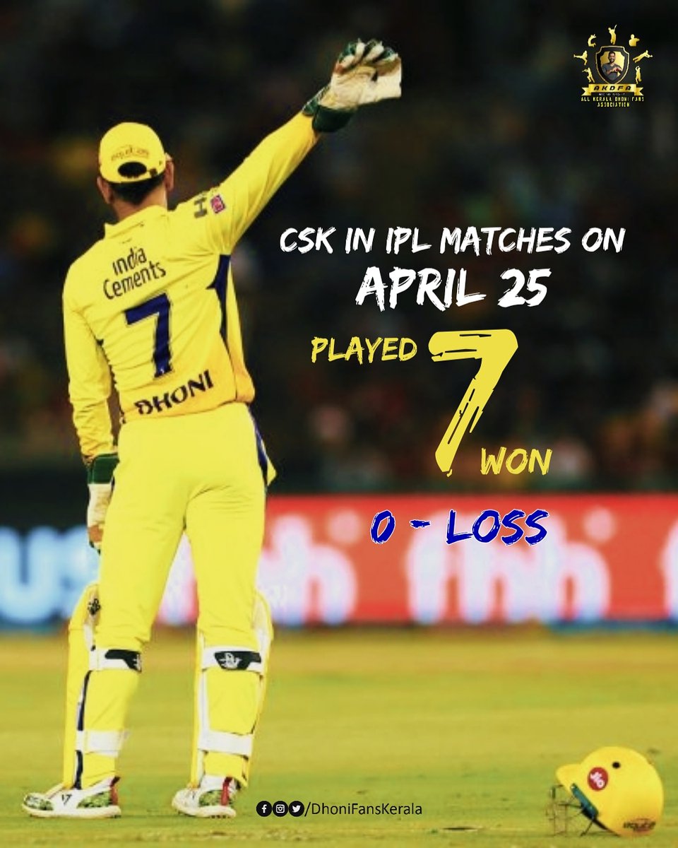 DhoniFansKerala's tweet photo. Chennai's Super-Day
CSK has played 7 matches on 25th of April in different calendar years and has won all those matches.
.
💛CSK on 25th April
#csk #OnThisDay #ipl #ipl2021🏆 #chennaisuperkings #chennaiipl #msdhoni #raina #jadeja #chepauk #dhoni #cskofficial #akdfa #April25 https://t.co/bMfiKI9iei