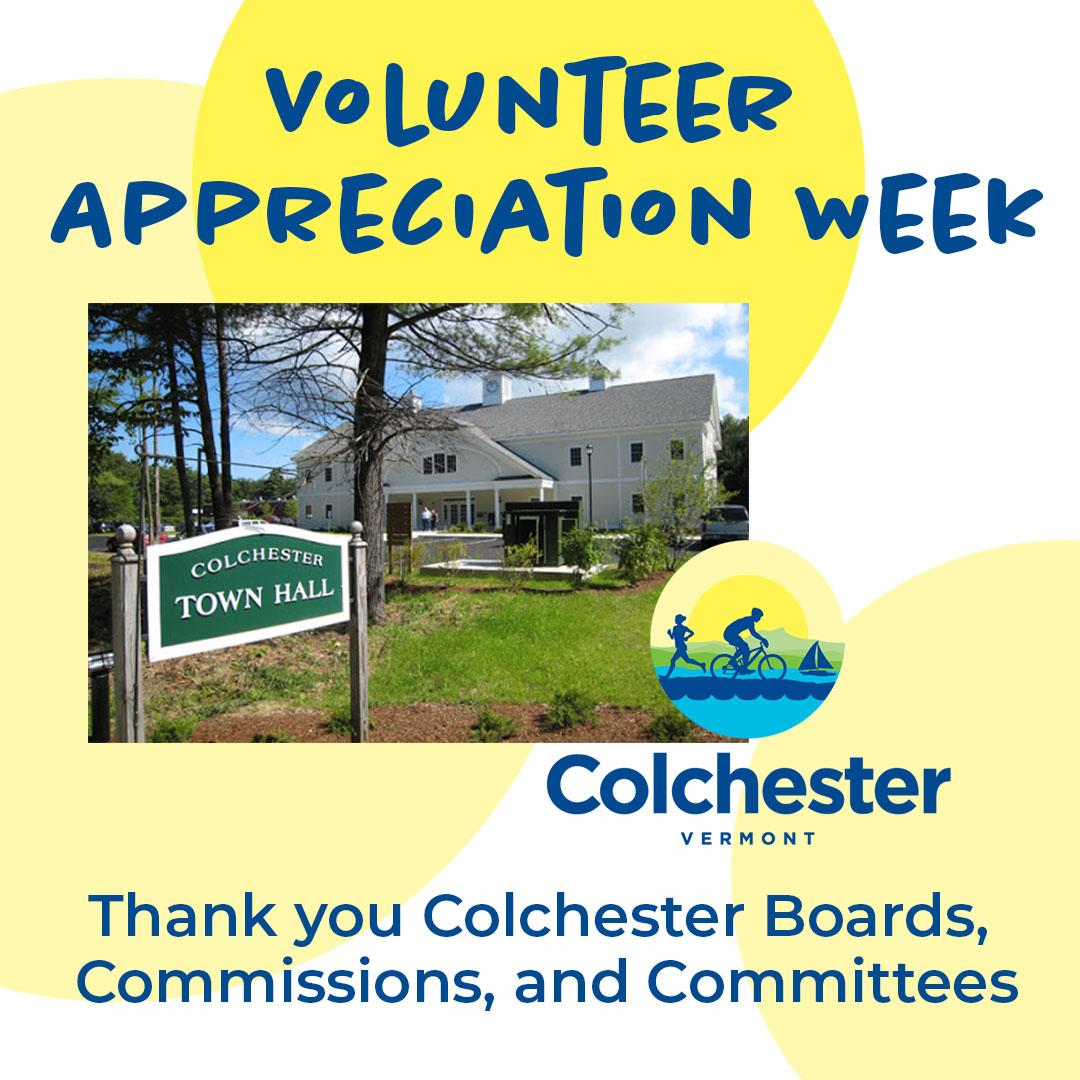 Colchester_VT's tweet image. April 18-24 is Volunteer Appreciation Week, so we are thanking all of the amazing, hard-working, and selfless volunteers that help keep the Town of Colchester running. Today, join us in thanking all of the Colchester boards, committees, and commissions! conta.cc/2QLQ0OZ
