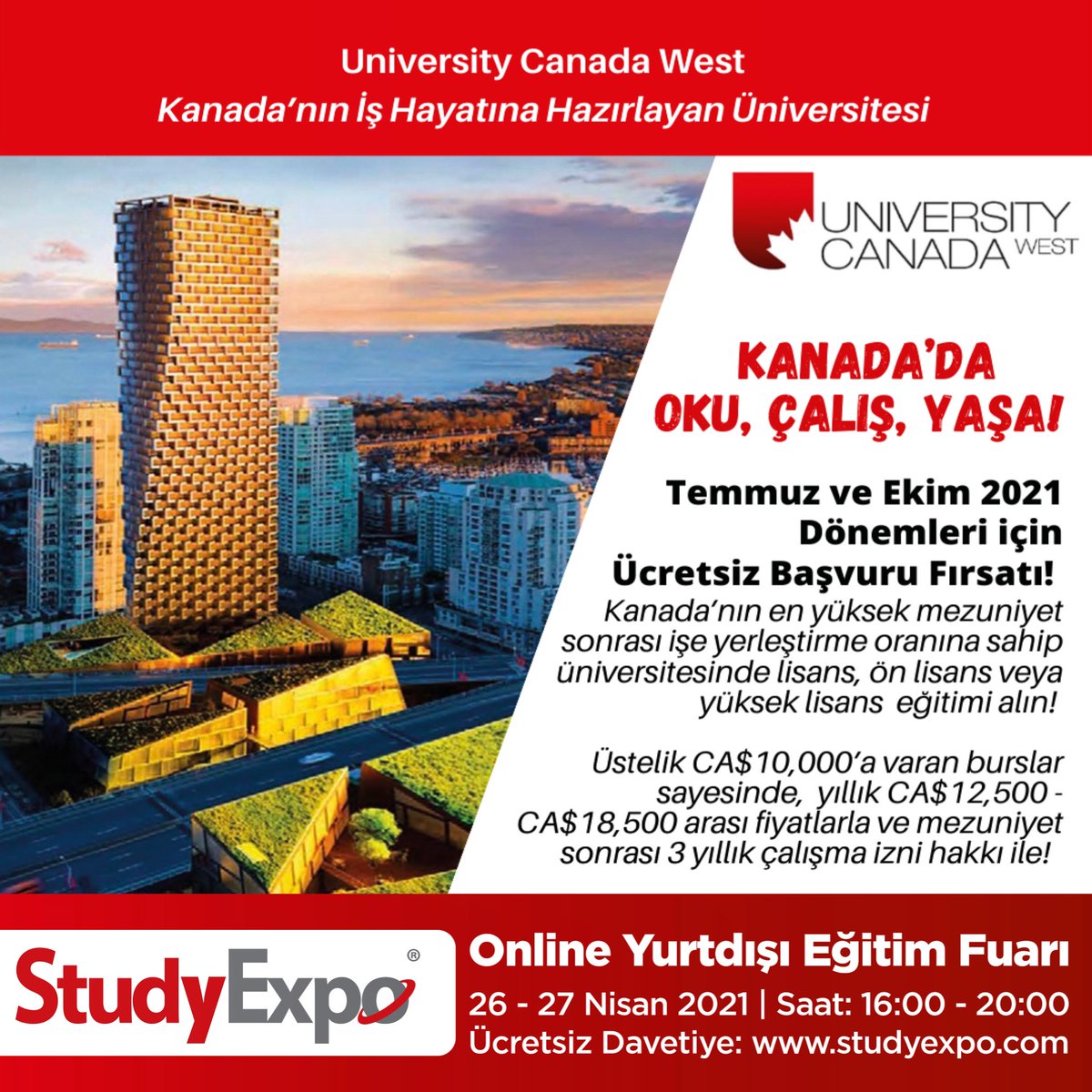🇨🇦 Kanada Vancouver’da üniversite eğitimi alın: University Canada West StudyExpo’da! Katılımın ücretsiz olduğu fuar için şimdi davetiye alın: studyexpo.com 
#studyexpo #yurtdışıeğitimfuarı #universitycanadawest #ucw #kanadamaster #kanadalisans #kanadaüniversite