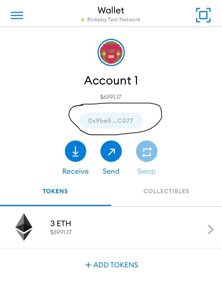 Make sure you’re on the rinkeby test network then tap the circled area to copy your wallet address which you’ll tweet then copy the tweet link and past on the rinkeby website. You should get the test eth immediately.