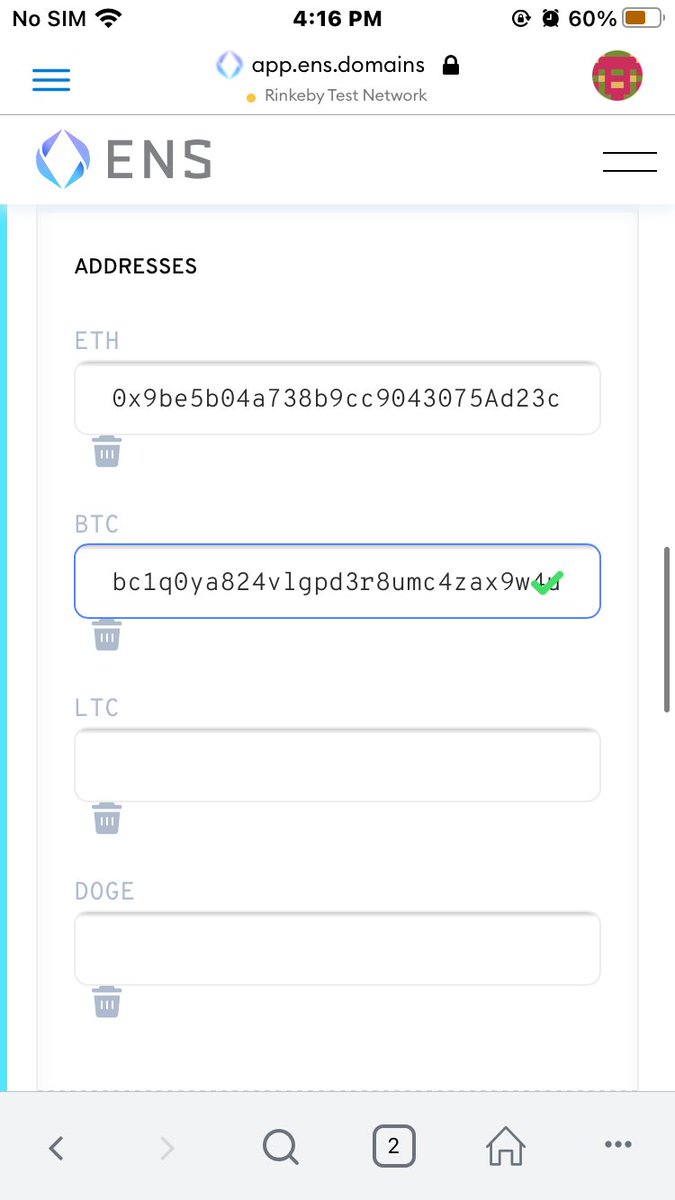 Now Update your profile by linking it to different crypto wallet addresses. I have linked my  @BundleAfrica BTC wallet address, website and email to my ENS name. Then confirm.