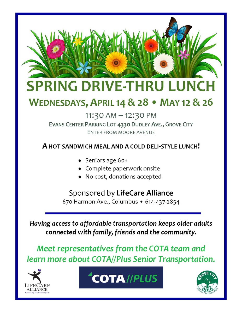 GroveCityOhio's tweet photo. Meet @COTABus representatives to learn more about COTA//Plus senior transportation at the @LifeCareAllianc  Spring Drive-thru Lunch. All, age 60+, are invited Wednesday, April 28, 11:30A to 12:30P at the Evans Center, 4330 Dudley Ave.
#nourishingthehumanspirit #cotaplus https://t.co/jd94MUXlhf