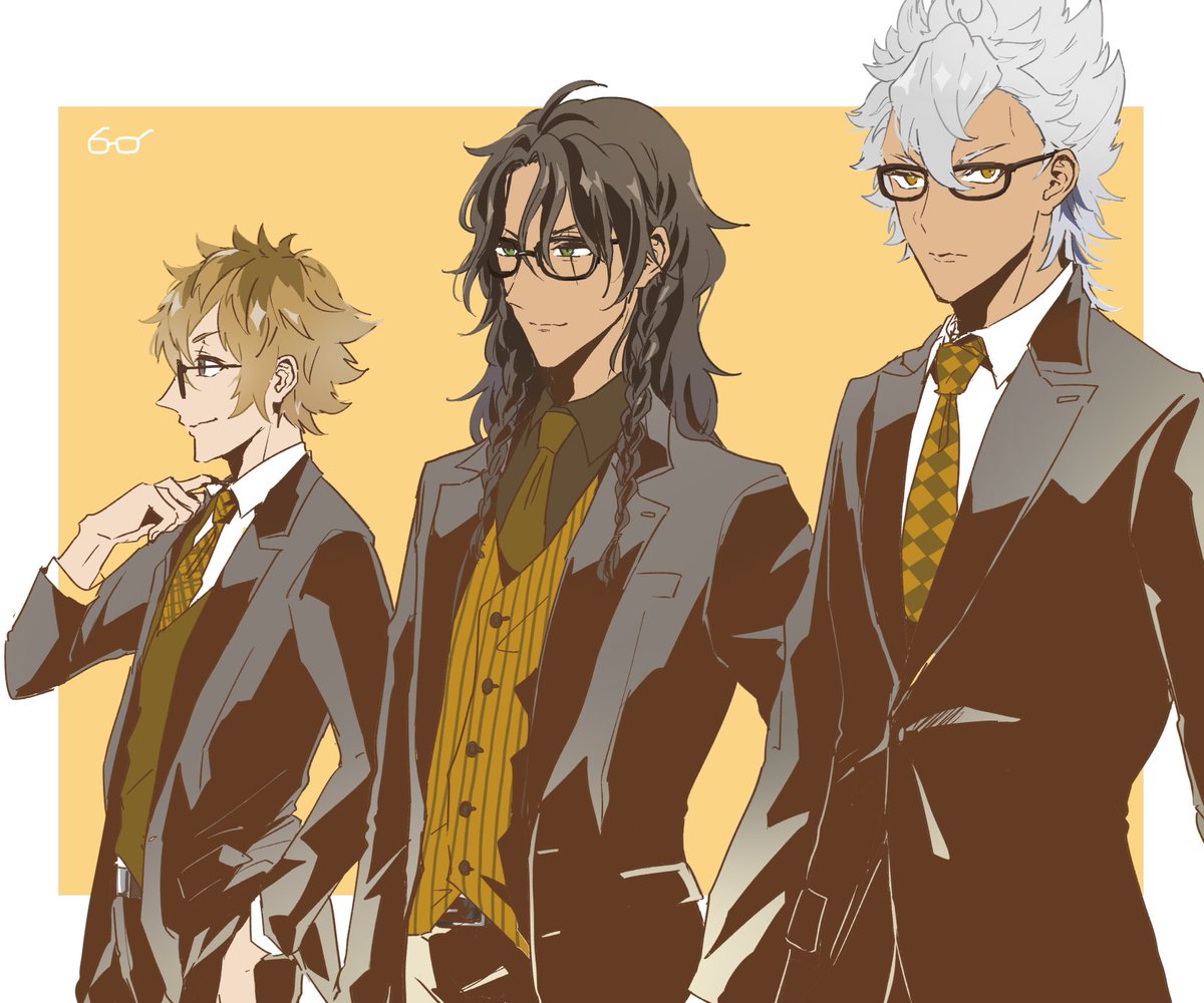 necktie glasses dark-skinned male male focus multiple boys formal 3boys  illustration images