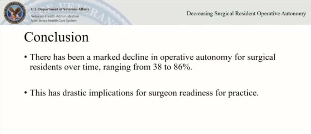 #AVAS21 @VAsurgeons 
Devashish Anjaria, chief @VANJHCS reporting 15 yr trend of decreasing #ResidentAutonomy in all specialties including #ThoracicSurgery

Provocative data w/ limitations, but adds to conversation of #SurgicalTraining 
@TSRA_official @AspiringCTS @ThoracicStudent