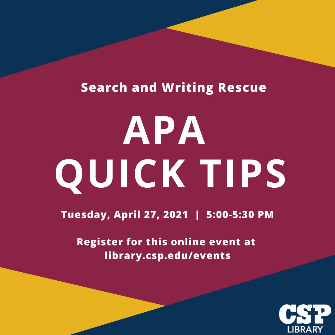 csplibrary's tweet image. Register for the final #SearchandWritingRescue of the semester now! Get all your APA questions answered on Tues 4/27 to polish up those final papers! 
Sign up for the Zoom link here: library.csp.edu/events
#research #library #themoreyouknow #studyhard📚  #finishstrong