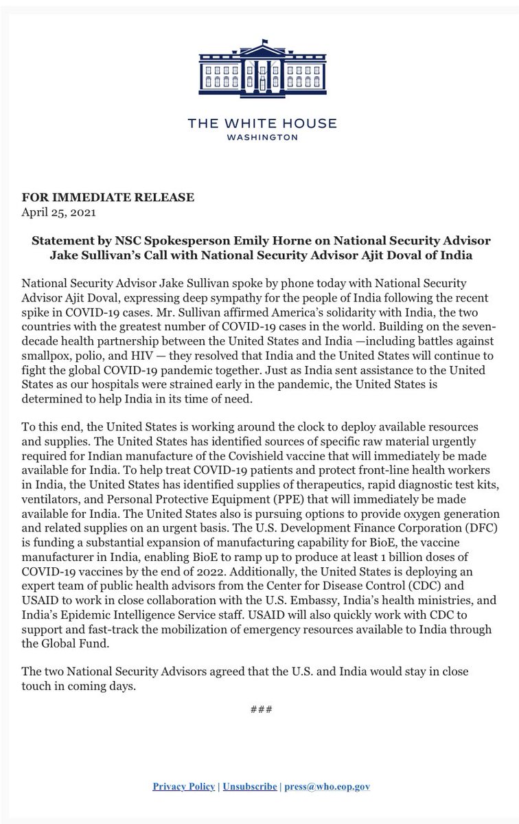 Important statement regarding support for India in combatting COVID-19.