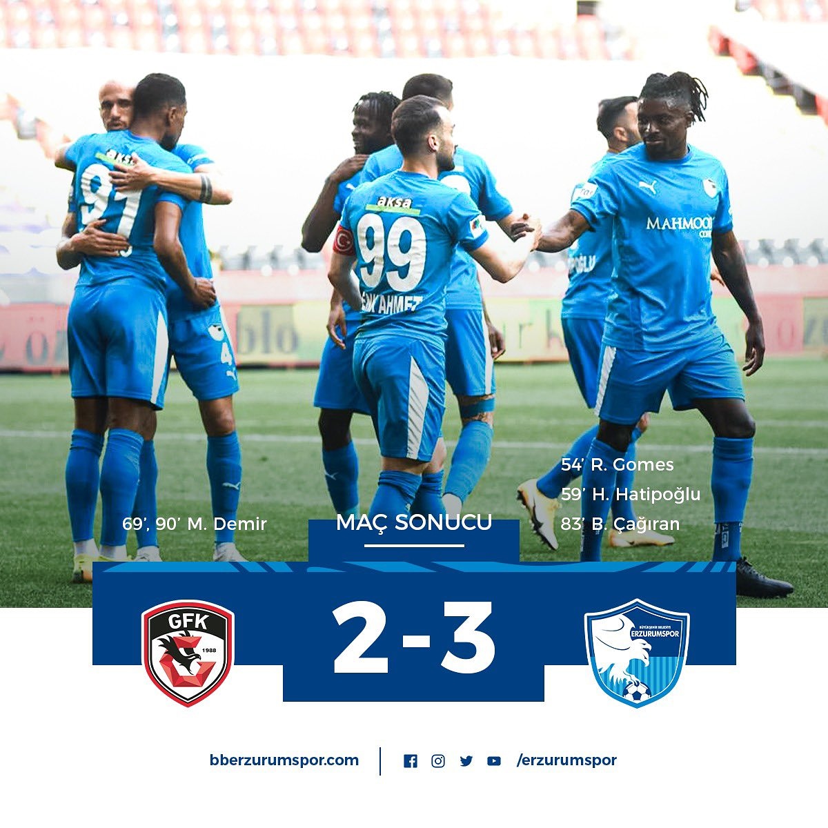 Gaziantep deplasmanında oynadığı başarılı futbol sonucu 3 puanı hanesine yazdıran B.B Erzurumspor'umuzu yürekten tebrik ediyor,Onursal Başkanımız Sn.Mehmet SEKMEN ve  Kulüp Başkanımız Sn.Ömer DÜZGÜN başta üzere Futbolcular ve Teknik heyete emeklerinden dolayı teşekkür ediyorum