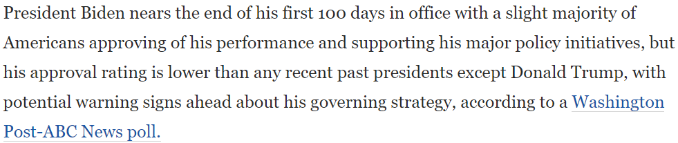 WaPo's opening paragraph isn't particularly rosy, but it's positively Pollyannaish compared to the first two of the ABC News report. Biden's at 52 percent approval yet it's described as "tepid." Oof. I do wish they'd included a generic ballot question.