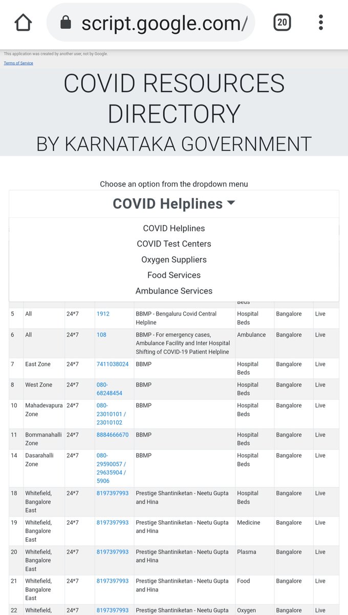 Another directory for COVID-19 resources in  #Bengaluru, set up by volunteers in the  #Karnataka govt task force. https://bit.ly/3aDxsYo 