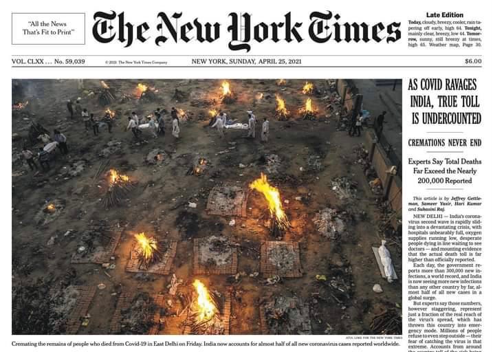 Hindus have always cremated their dead after due rituals on funeral pyres. Disgusted at Western media outlets that are sharing images of the final rites for sensation. Shame on you.
Would you put images of the dead being buried in the USA or UK? 
#NYTimesPropaganda
#MediaVultures