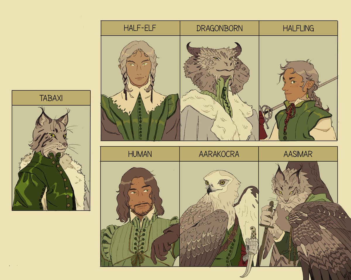 I had a lot of fun doing the « Draw your DnD character as all the races of the other members of the party » with Méolans ? (Aasimars are more of a variant rather than a separate race in this campaign, so he'd still be a tabaxi as a base) 