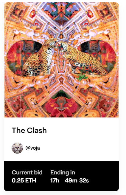 Vojaart's tweet photo. with auction going on for "The Clash" https://t.co/hAKRskvl7g

i have 2 NFTs left uncollected

New era:
https://t.co/jRZ5G1kflg

Joined Forces, collaboration with @oguzdogruart :
https://t.co/FUFghGE0Pv https://t.co/1Sx8T5Aw2l