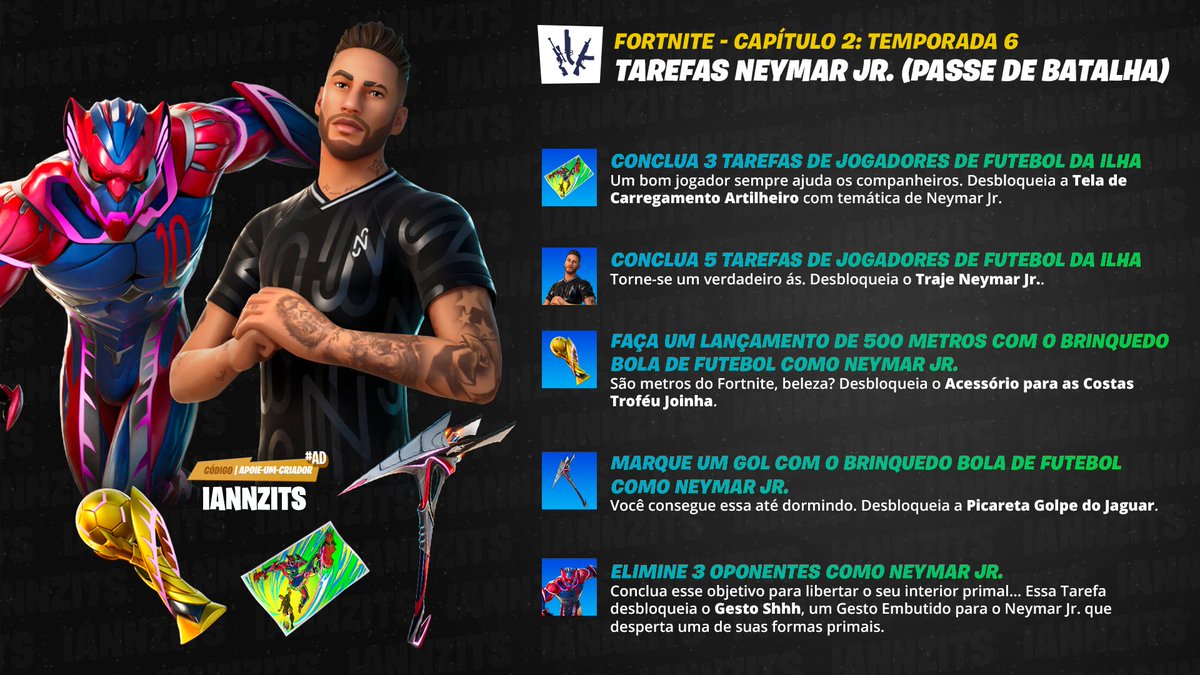 iannzits's tweet photo. Todas as Tarefas Neymar Jr, disponíveis como parte do Passe de Batalha do Capítulo 2: Temporada 6, serão disponibilizadas em 27 de abril com o lançamento da v16.30.

Abaixo todas as Tarefas e itens que você pode ganhar ao completá-las: https://t.co/hPIsO0cwYg