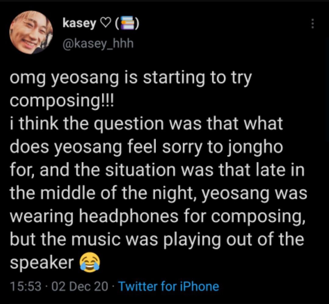 Hongjoong always cheers his members up and always supports their starting and hobbies. For ex, during this period hongjoong became Yeosang's teacher in composing. He helps him a lot and teach him his own methods what gives Yeo the opportunity to be more confident in himself