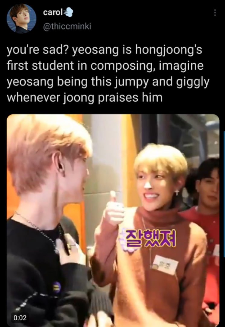 Hongjoong always cheers his members up and always supports their starting and hobbies. For ex, during this period hongjoong became Yeosang's teacher in composing. He helps him a lot and teach him his own methods what gives Yeo the opportunity to be more confident in himself