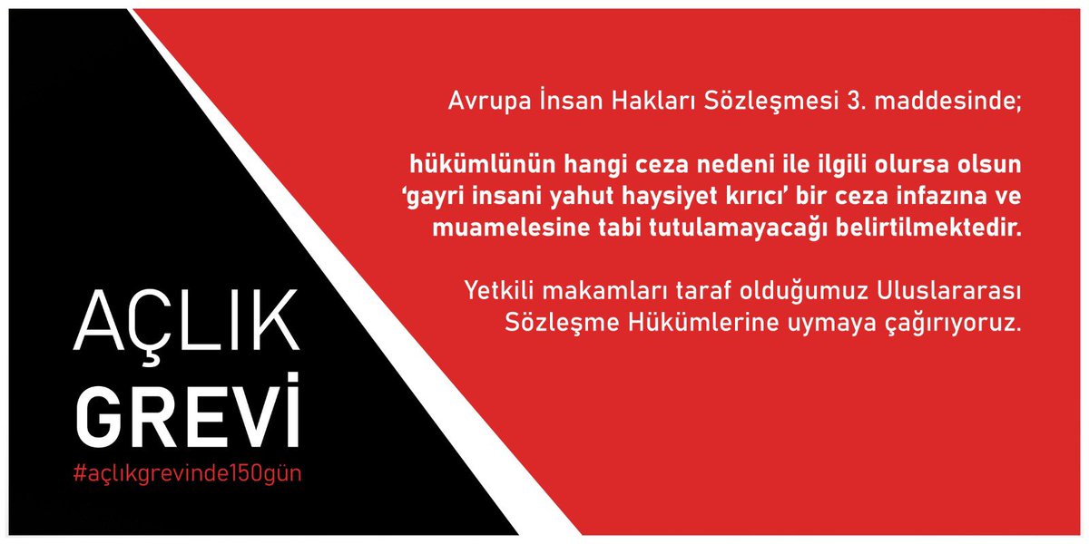 Yetkili makamları Türkiye’nin taraf olduğu Uluslarası Sözleşme hükümlerine uymaya çağırıyoruz!

Politik mahpusların ortak spor, kültürel, sosyal aktivitelerini, avukat ve aile görüş haklarını gasp etmeye son verin! <a href="/adalet_bakanlik/">T.C. Adalet Bakanlığı</a> 

#açlıkgrevinde150gün