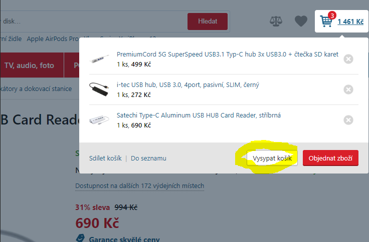 Zajímalo by mne, kolik peněz a nepříčetných zákazníků už CZC stála tahle výtečná funkce v rychlém přehledu košíku v hlavičce. Po kliknutí se to na nic nezeptá, a prostě máte prázdný košík. Geniální.