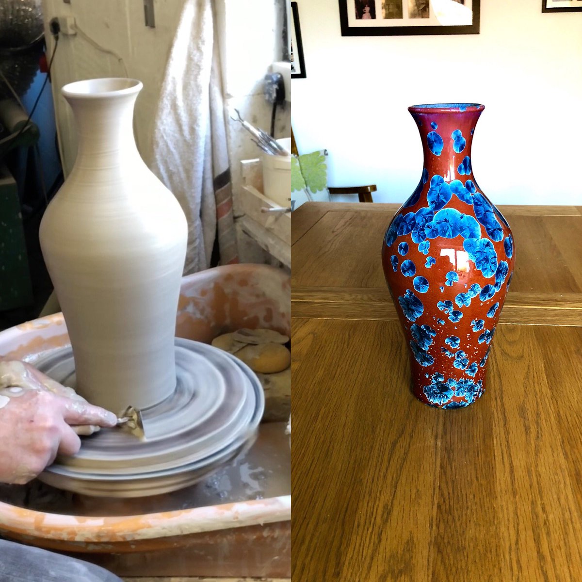 From creation to completion a red and blue crystalline vase. Just listed in my Etsy shop Herriespottery. Why not take a look?
