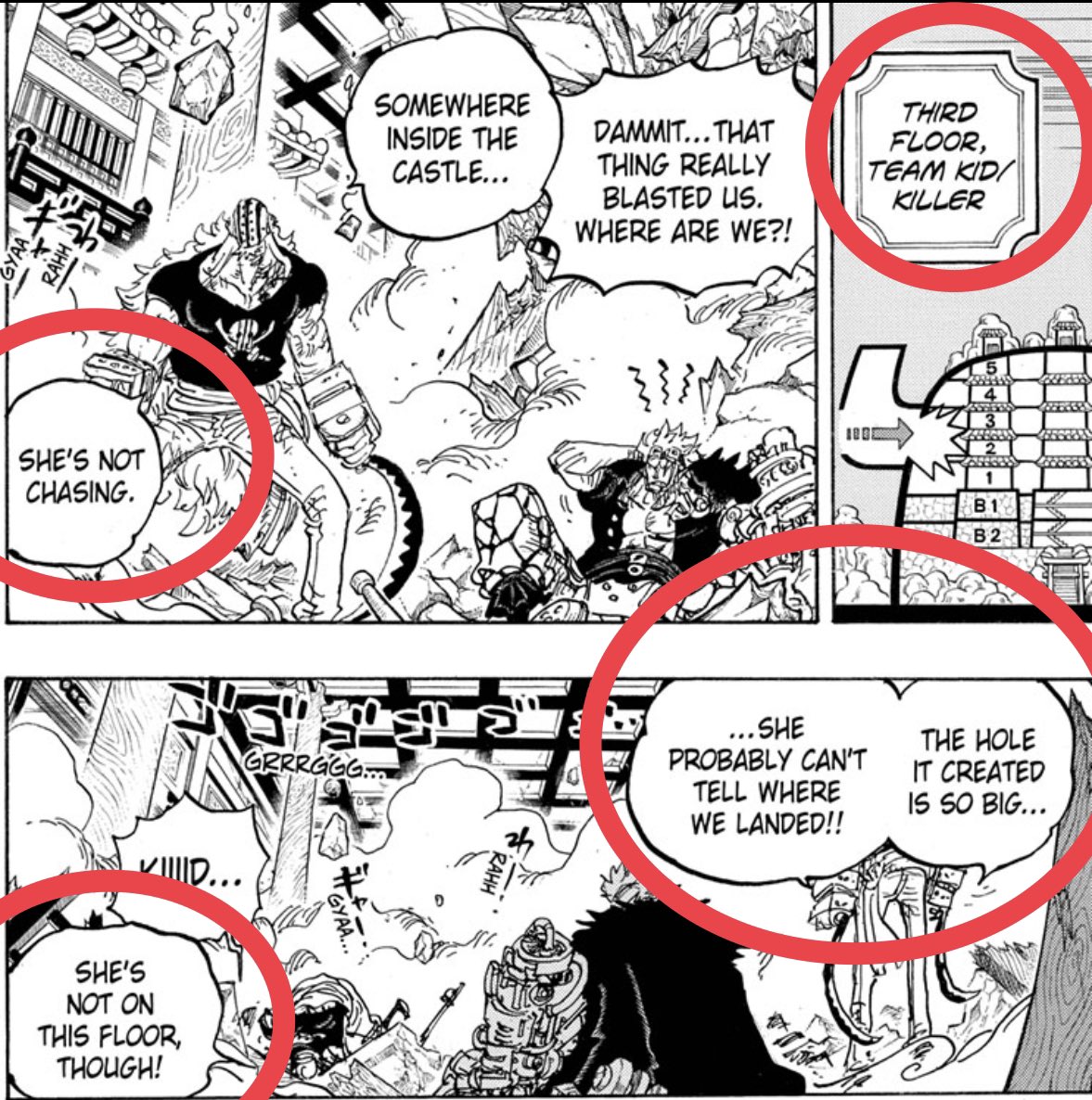 Big mom doesn’t “randomly” show up. Fulgora blows a hole through the side of the skull and exposing only 2 floors: the 2nd and 3rd. Kidd and Killer are on the 3rd and even comments that big mom probably doesn’t know where they are, and implies she’s on another floor.