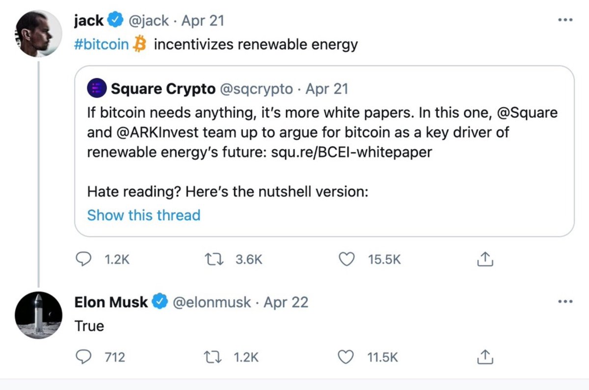 On  #EarthDay   last week, the Bitcoin Clean Energy Initiative (BCEI) released a memorandum with  @sqcrypto and  @ARKInvest, that caused further uproar.  https://squ.re/BCEI-whitepaper .  @elonmusk publicly endorsed it. And the Alex de Vries anti-Bitcoin media machine again went into action. /6