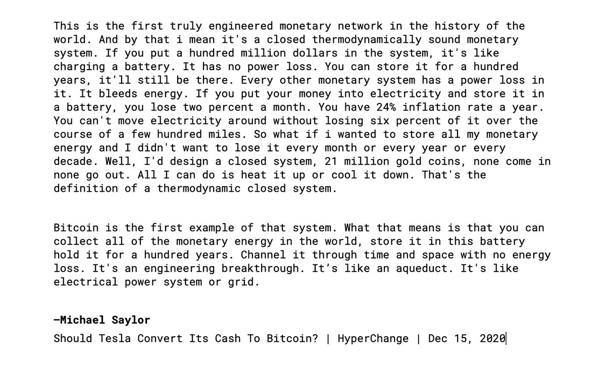 Listen to  @michael_saylor explain how  #Bitcoin   acts as a thermodynamic closed loop battery, for energy /33 