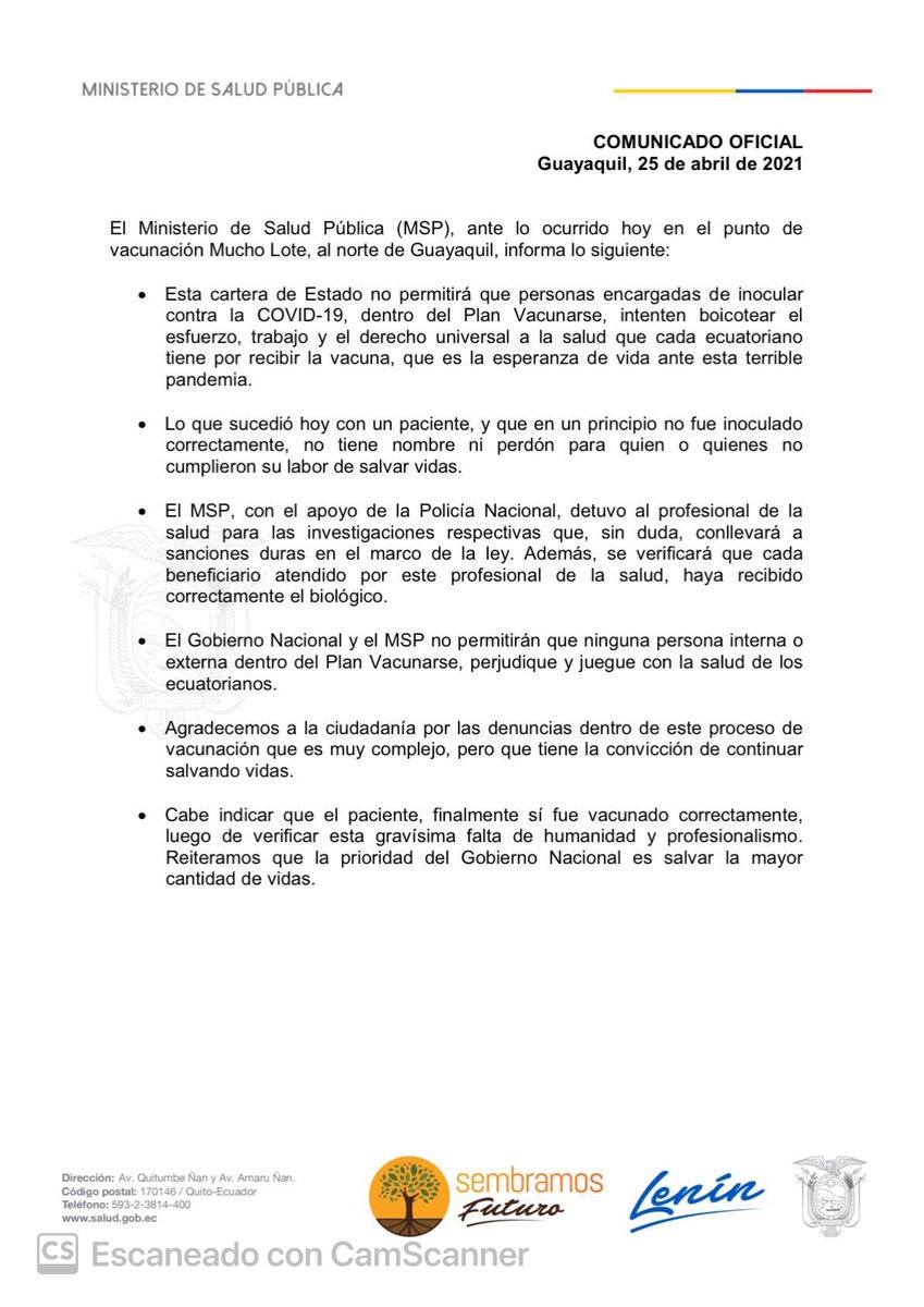 Salud_Ec's tweet photo. COMUNICADO | Ante lo ocurrido hoy en el punto de vacunación #MuchoLote, informamos a la ciudadanía que el profesional de la salud fue identificado y será investigado por las autoridades pertinentes.

Manténgase informado por los canales oficiales. https://t.co/4LaWYvjXUs