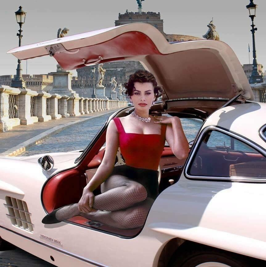 Can I get a double va-va-va-VOOM for Sophia Loren and her Mercedes 300 SL gullwing coupe?