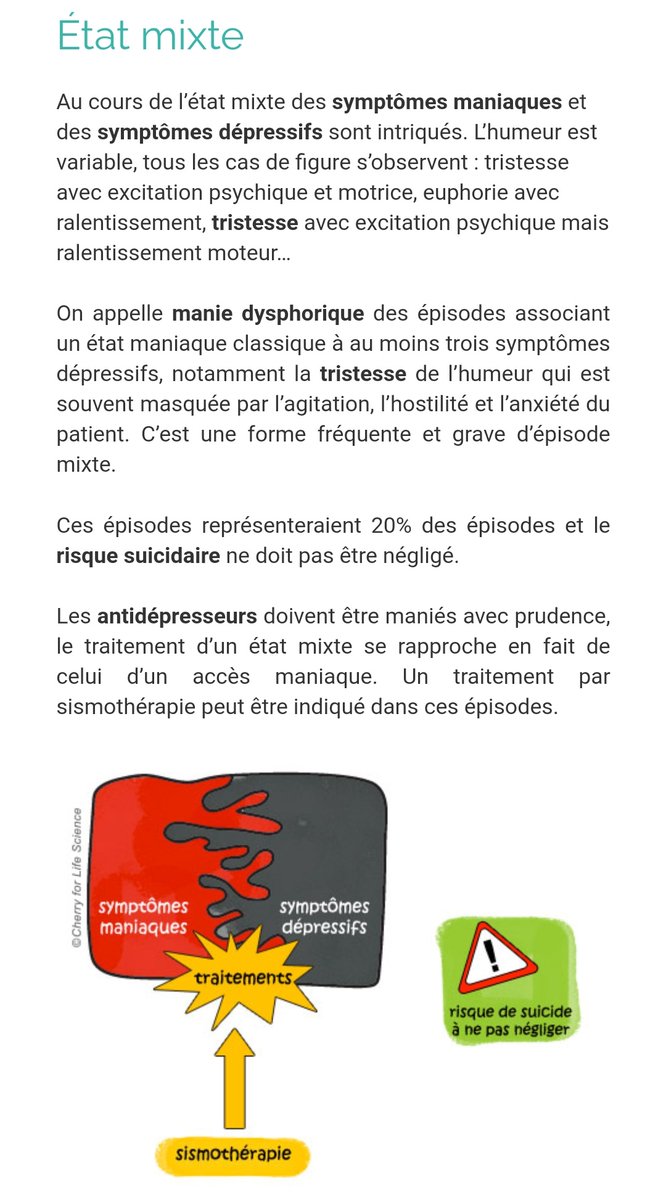 3. Le risque principal de la Bipolarité, c'est le suicide. Pour vous dire : j'ai jamais, jamais, jamais eu envie de me suicider, mais en épisode maniaque j'entends une voix toute calme et sereine qui donne ultra confiance et qui me dit que ce serait la solution à tout.