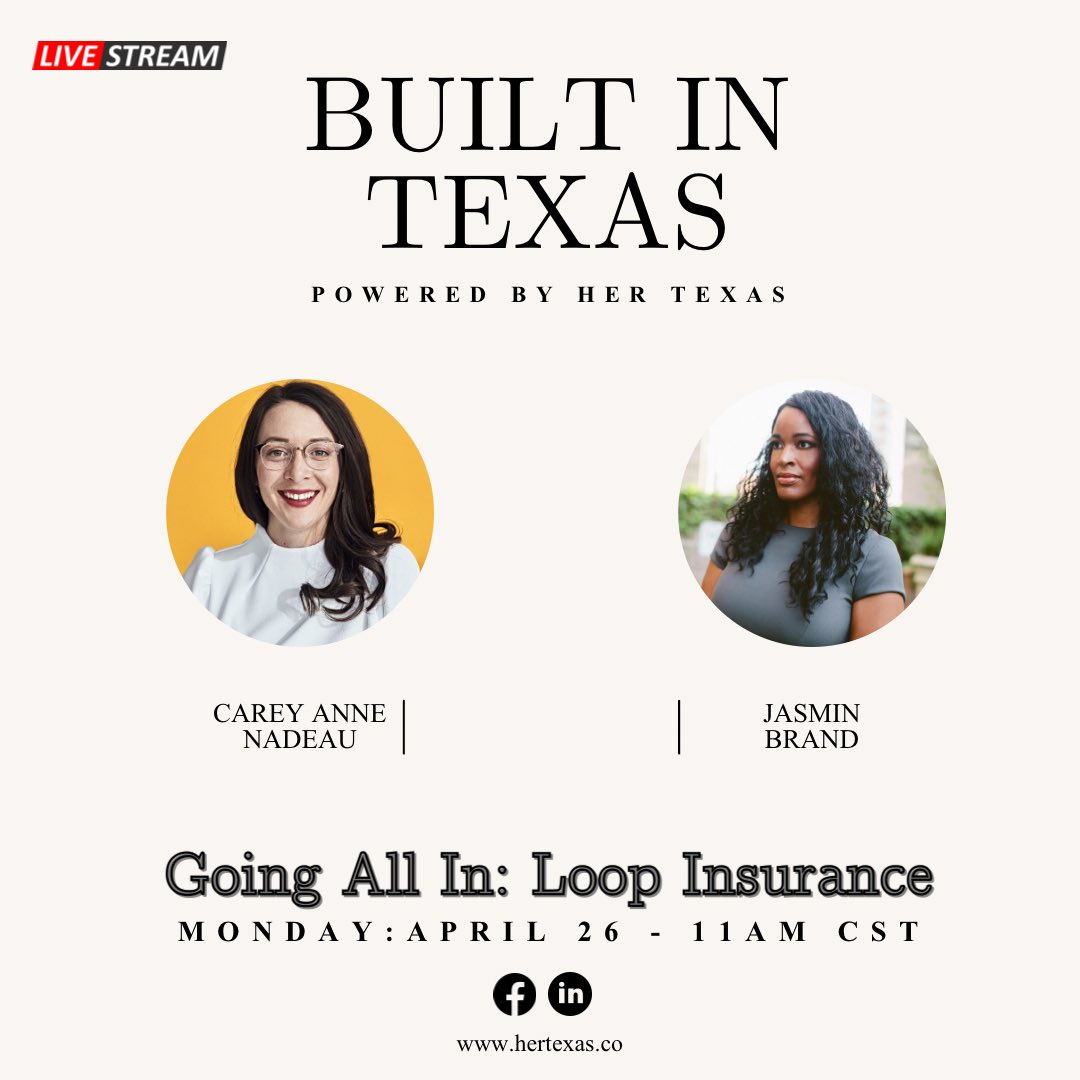Tune in Monday 11am CST for our weekly show #BuiltInTexas! Closing out the month w/ <a href="/canadeau/">Carey Anne Nadeau</a>, Co-Founder/ Co-CEO @loopinsure which formed last summer in the wake of #GeorgeFloyd &amp; is on a mission to rewrite the rules of auto insurance 🔥🌏

Facebook.com/HerTexas 

#TheNewTexas