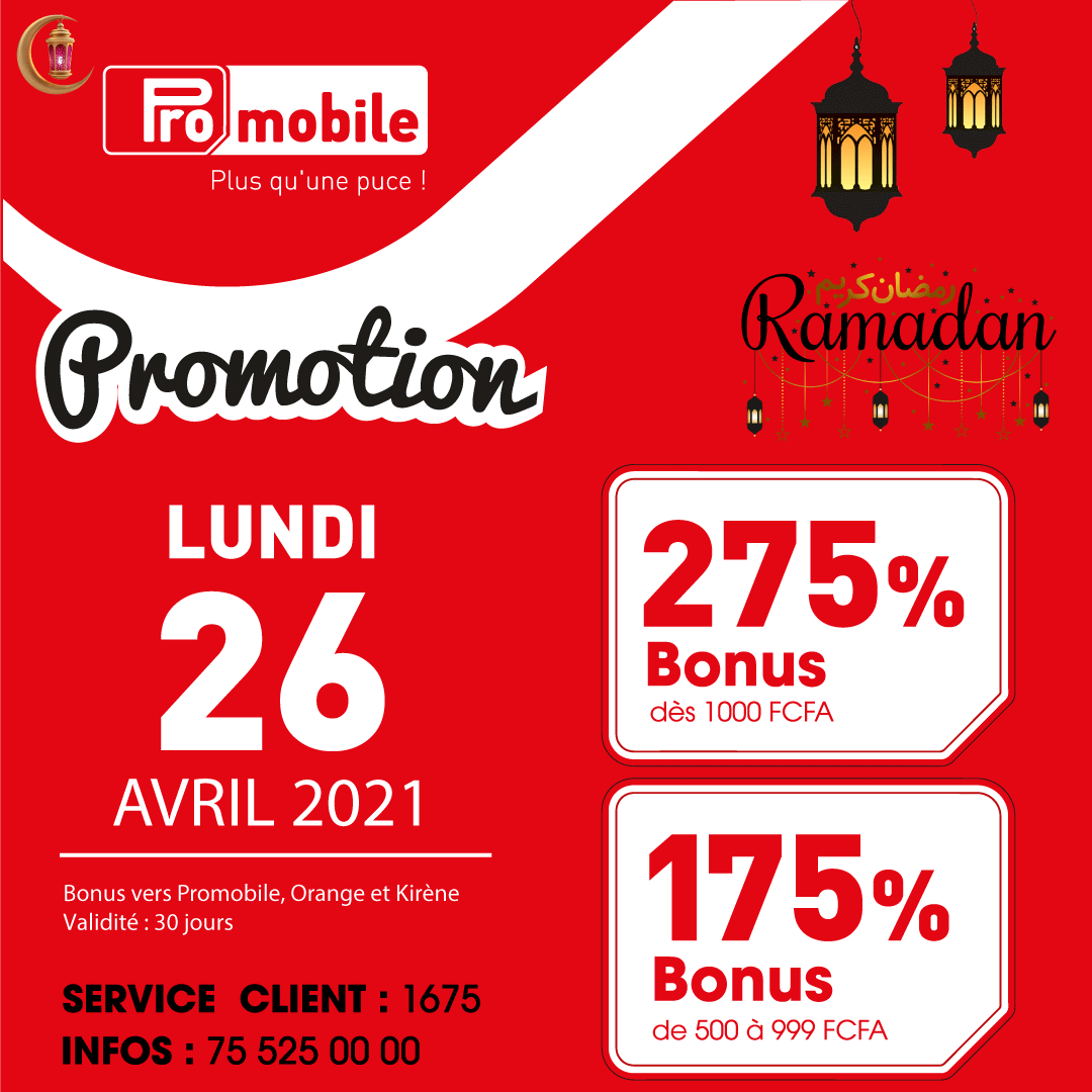 promobilesn's tweet photo. Ce lundi 26 avril 2021, profitez de 275% de bonus pour toute recharge de 1000F ou plus.
Et c’est 175% entre 500F et 999F.
Profitez de la promotion du jour avec Promobile.
Sunu moomel !
Service client: 1675
#kebetu
#senegal
#promobilesn https://t.co/vbjSgn3s3a