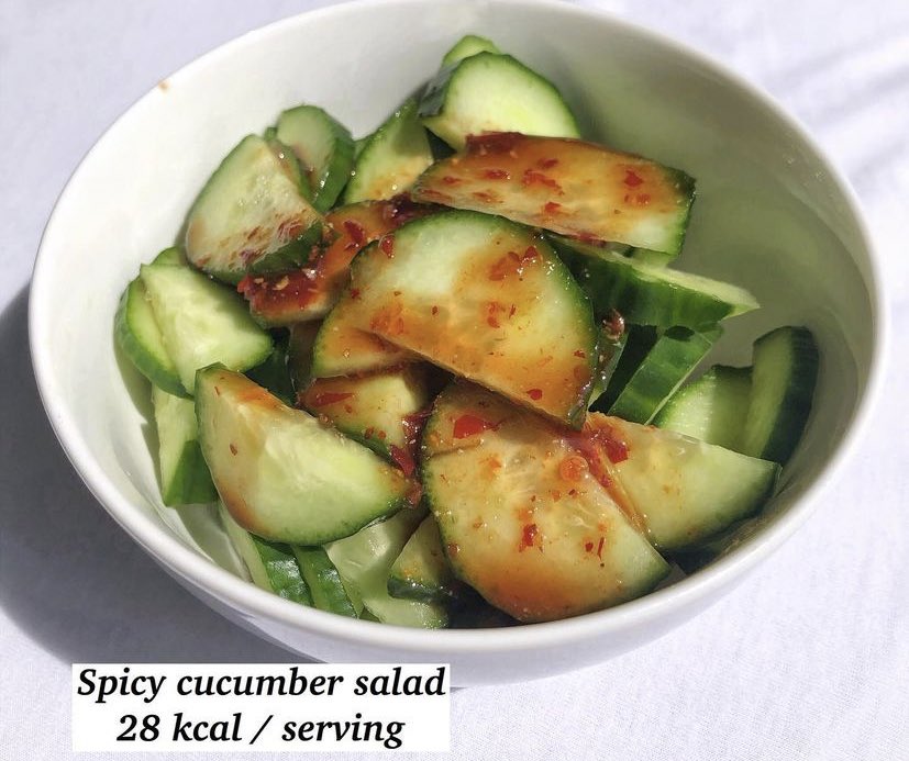 spicy cucumber salad: 28 kcals per serving and it’s literally so good, let me know if you guys want the recipe!!!!