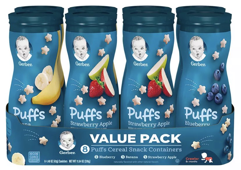 baby puffs: 50 kcals per cup, all the flavors are rlly good, nice snack, the only downside is that they’re not filling at ALL but they satisfy my cravings for crunchy airy things 