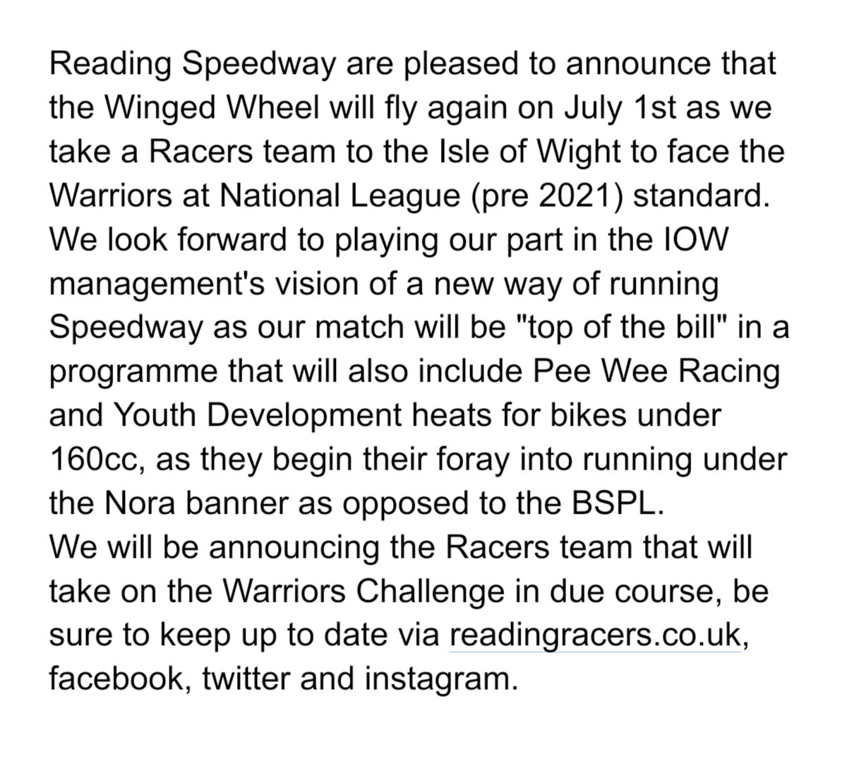 readingracers.co.uk The Racers are back and start at the IOW on July 1st