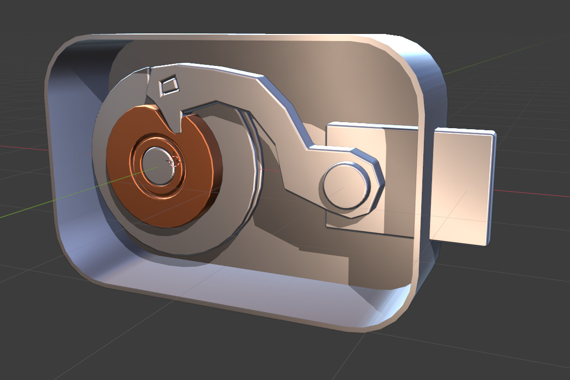 I started modelling the cam/lever/bolt. I think their motions will be keyframed animation that I can play based on the state of the wheels & shaft. It's going to be a big headache to implement tho...On the plus side, this is starting to look like the back of a combination lock!