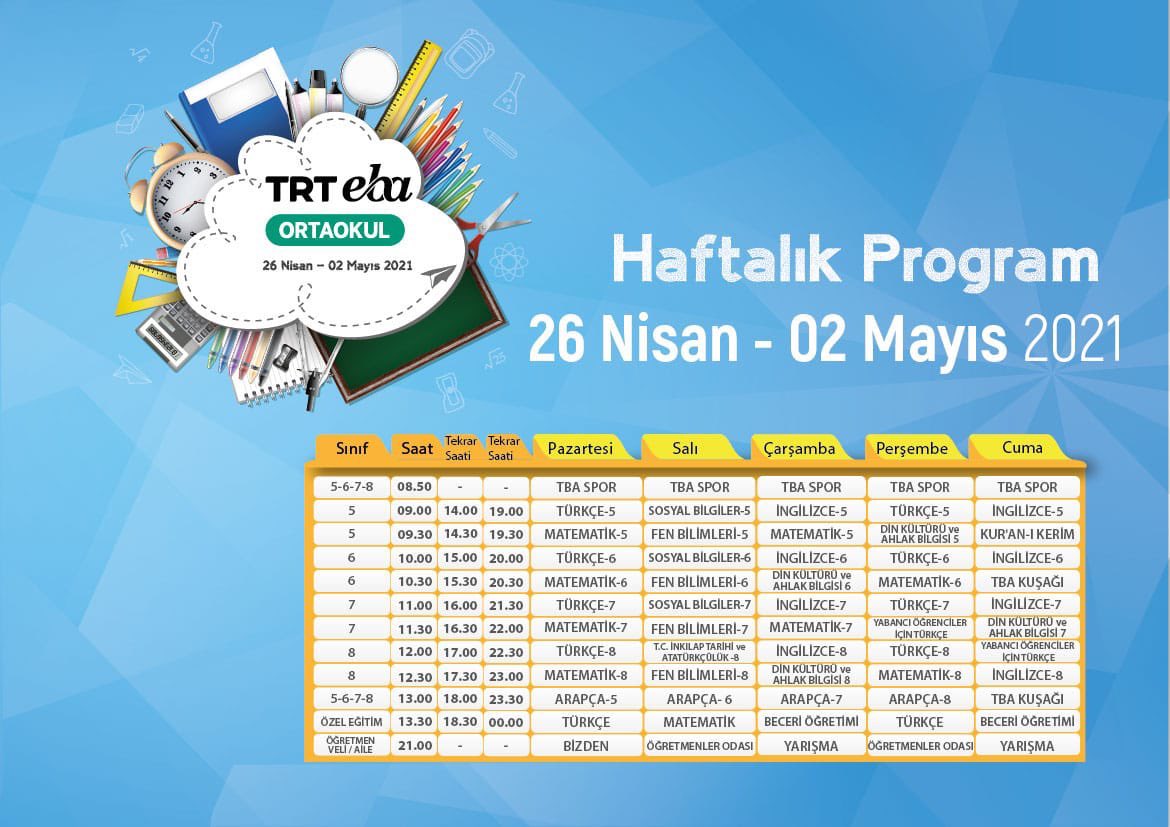 kiziltepemem47's tweet photo. 📺 TRT EBA’da Haftanın Programı

İlkokul, ortaokul ve lise kanallarına bekliyoruz.

🗓 26 Nisan - 2 Mayıs 2021 

İşte, yeni haftanın akışı👇🏻

@tcmeb https://t.co/14IVktnNCv