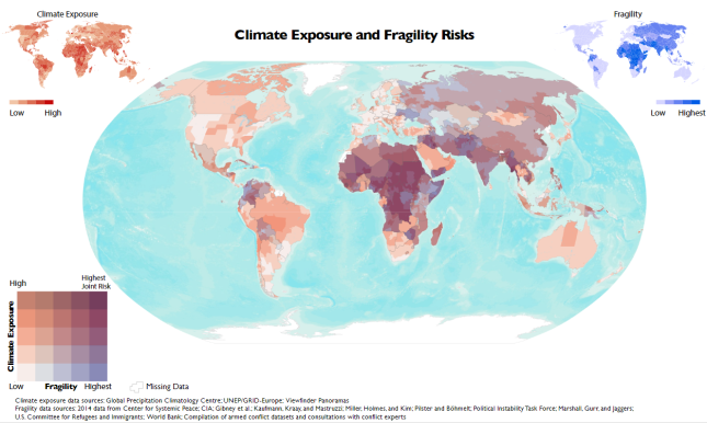This yielded global maps which we displayed in different ways, showing just the highest fragility maps in some places and trying to show the combined risks at the same time in others. Visualizations by  @tgsmitty  @wight_water & Nisha Krishnan. 14/