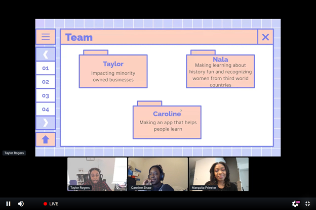 BlackGirlsCode's tweet photo. Team Net Surfers just presented their project SHeroes; an app designed to celebrate women and spread awareness about women-owned businesses! Great job Caroline, Nala and Taylor! #stem #hackathon #tech #innovation #poweringhumanconnection https://t.co/HSgvUcJr2F